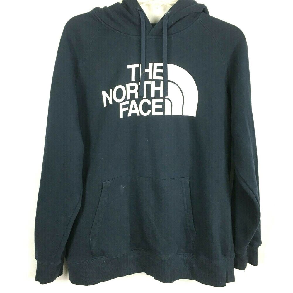 The North Face Sweatshirt Womens Sz L Navy Blue Logo Hoodie Drawstring Pockets